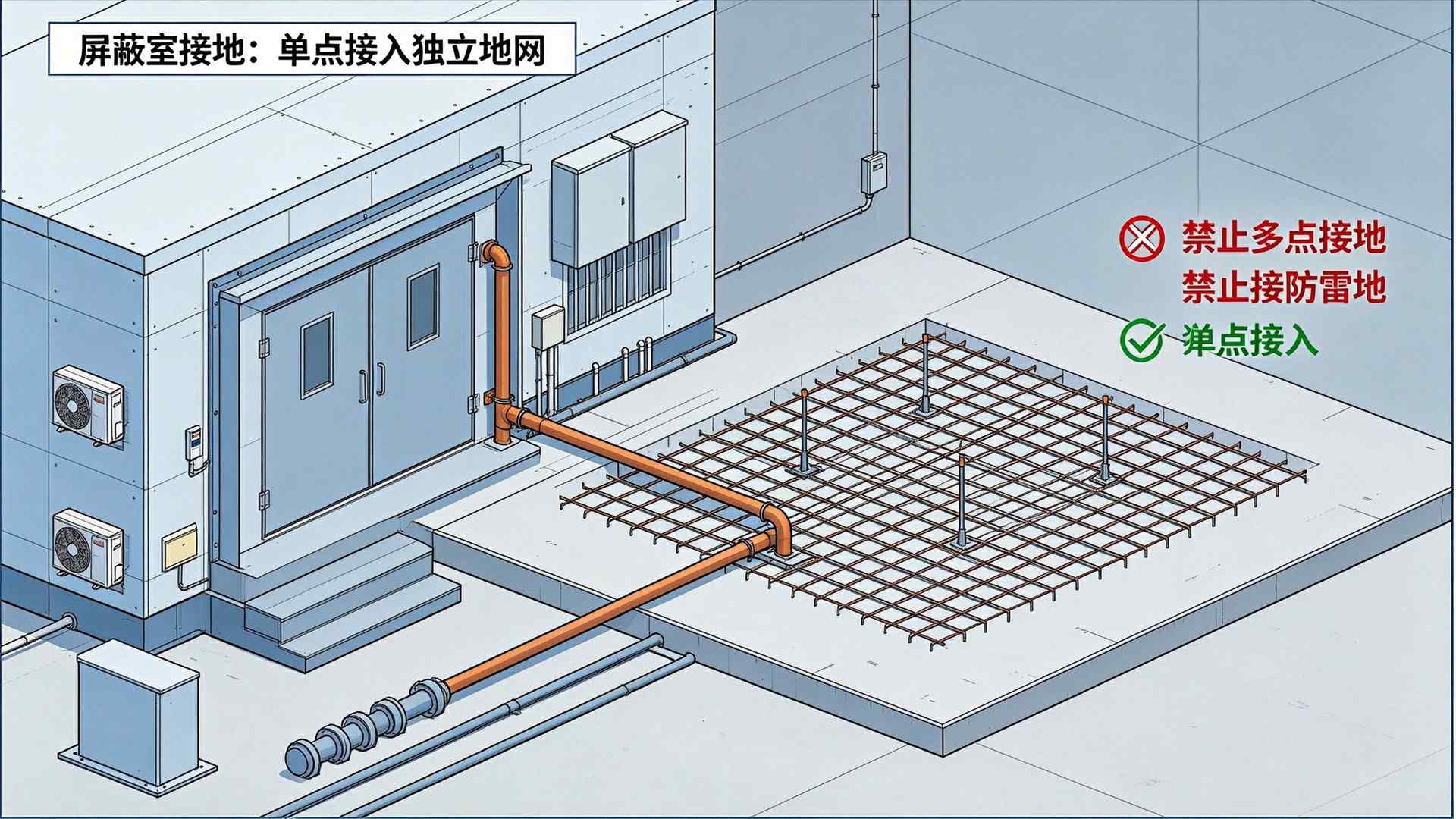 错误vs正确对比图；❌螺栓搭接、地环路、混用防雷配电地；✅放热焊接、星形单点接地、独立紫铜地网