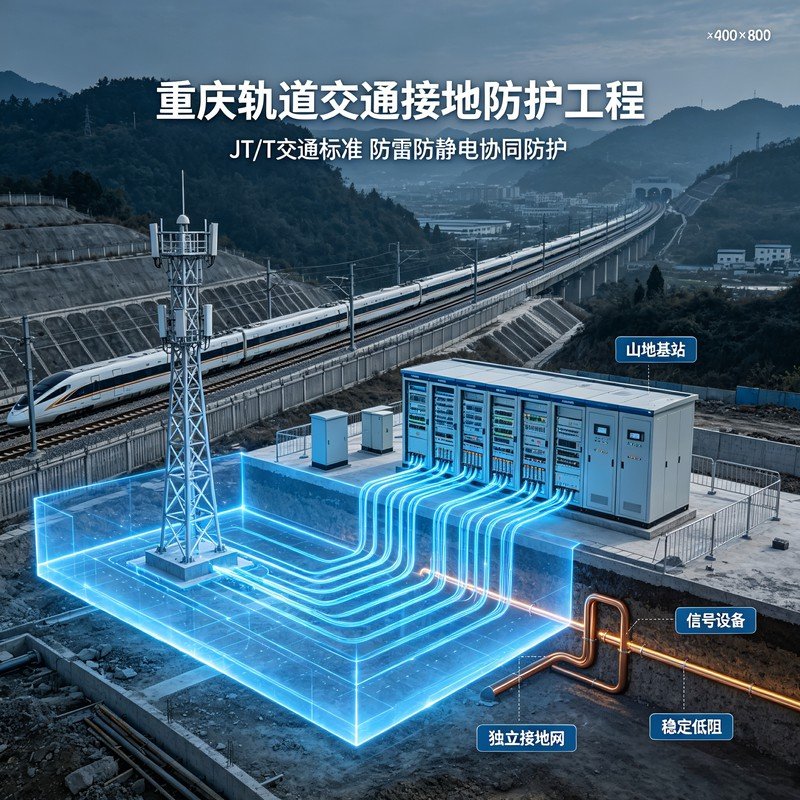 重庆轨道交通接地防护主图，展示山地基站、轨道交通线路、紫铜地网剖面与信号设备