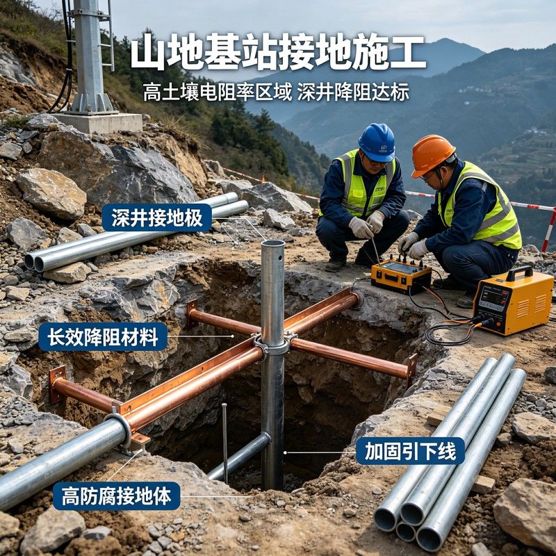 山地基站室外接地施工配图，展示深井接地极、紫铜接地排、降阻材料和高防腐引下线