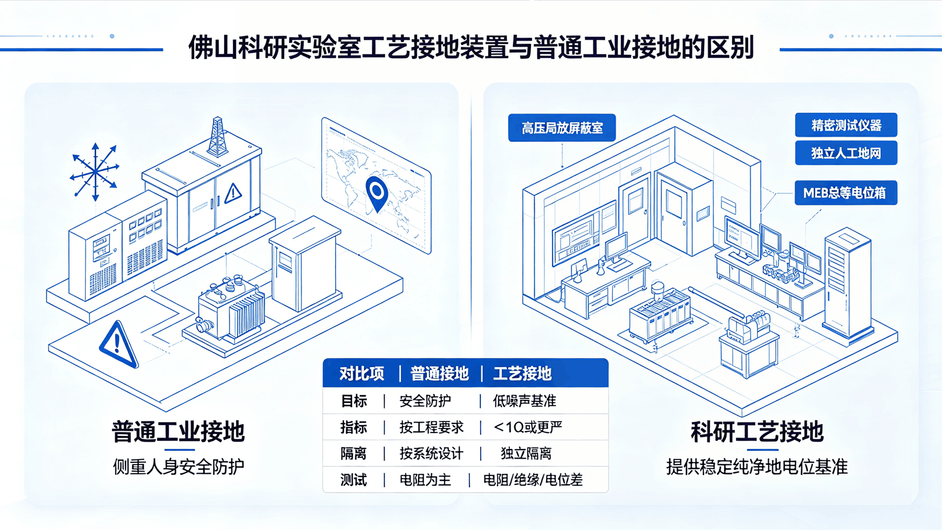 佛山科研实验室工艺接地与普通接地对比示意图