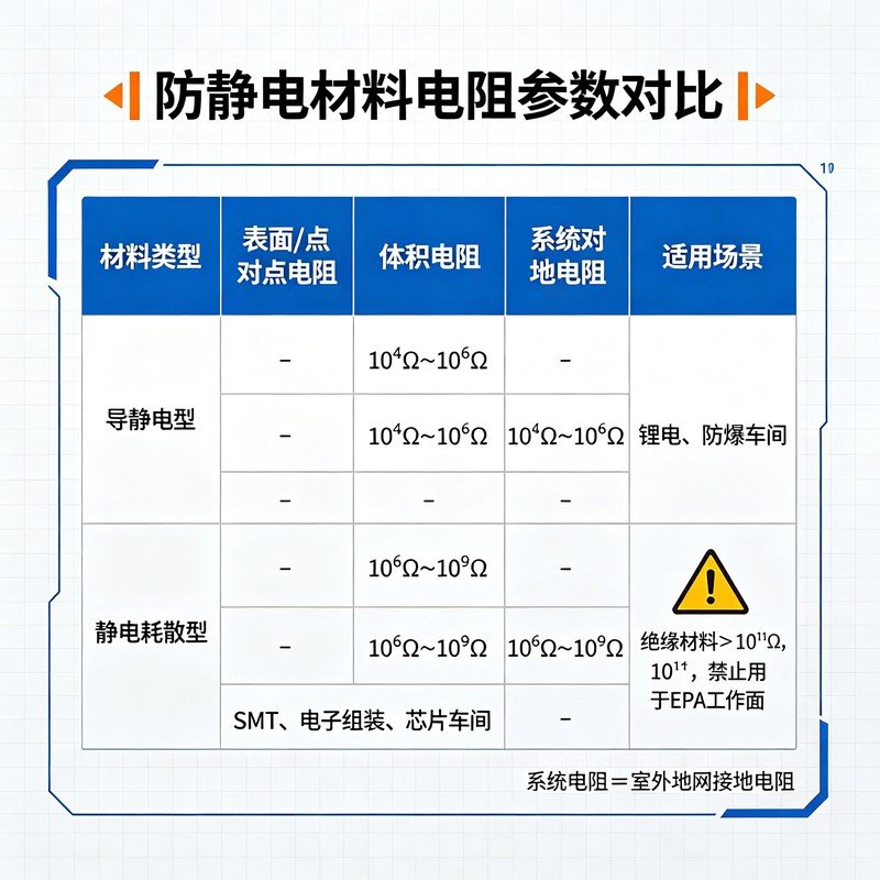 防静电材料电阻参数对照表