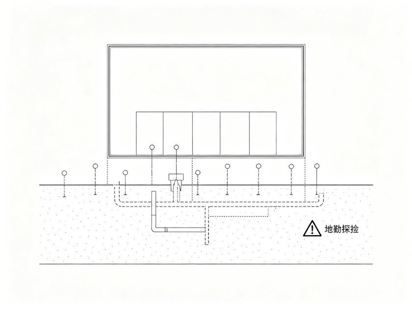 接地工程室外场地勘测极简示意图，土壤、地下管线、建筑位置平面简图