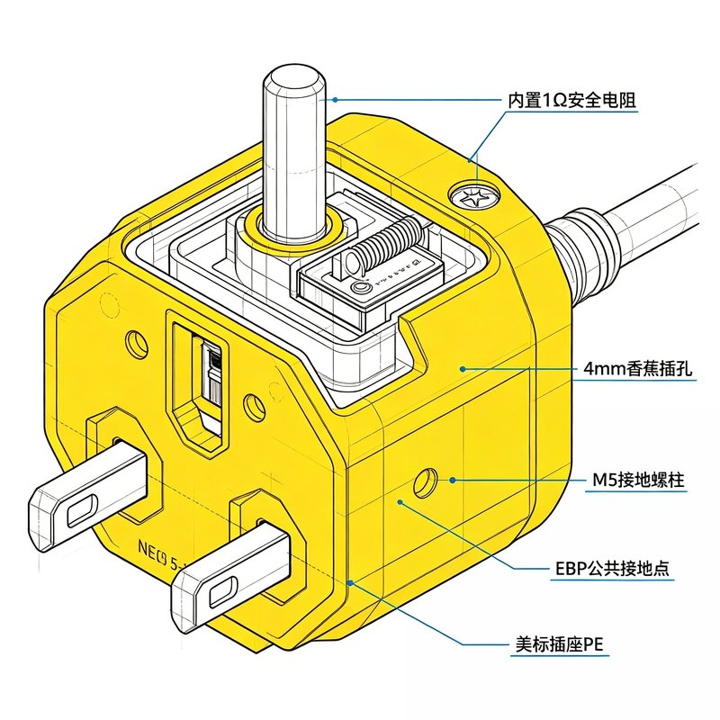 美标黄色EPA辅助接地插头特写