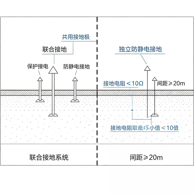 联合接地与独立接地系统对比示意图