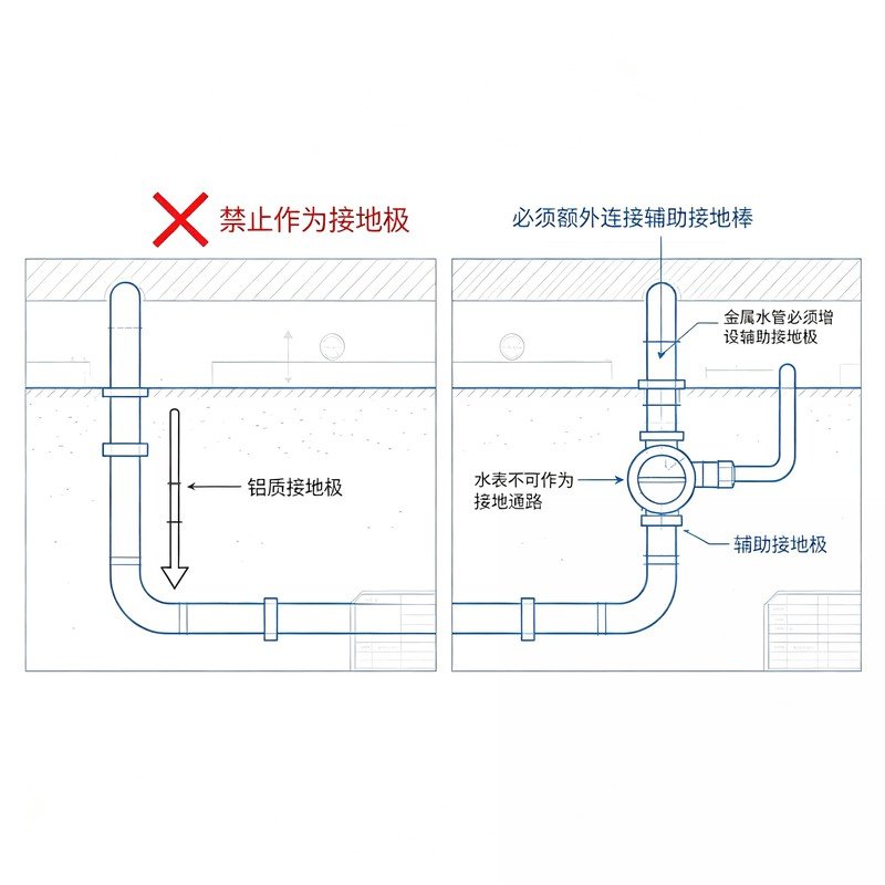 接地材料禁用与合规施工对比图