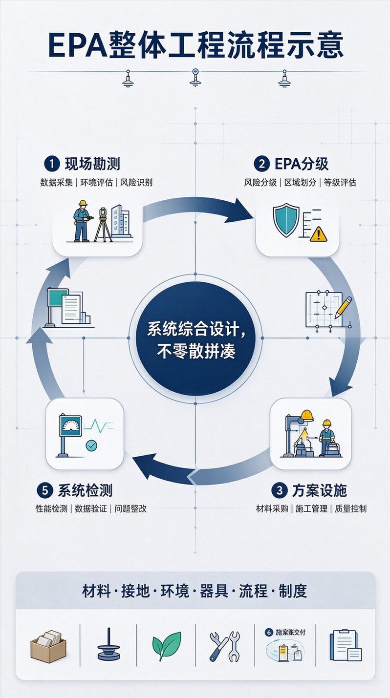 EPA一站式工程流程示意图，勘测‑分级‑设计‑施工‑检测‑交付流程图