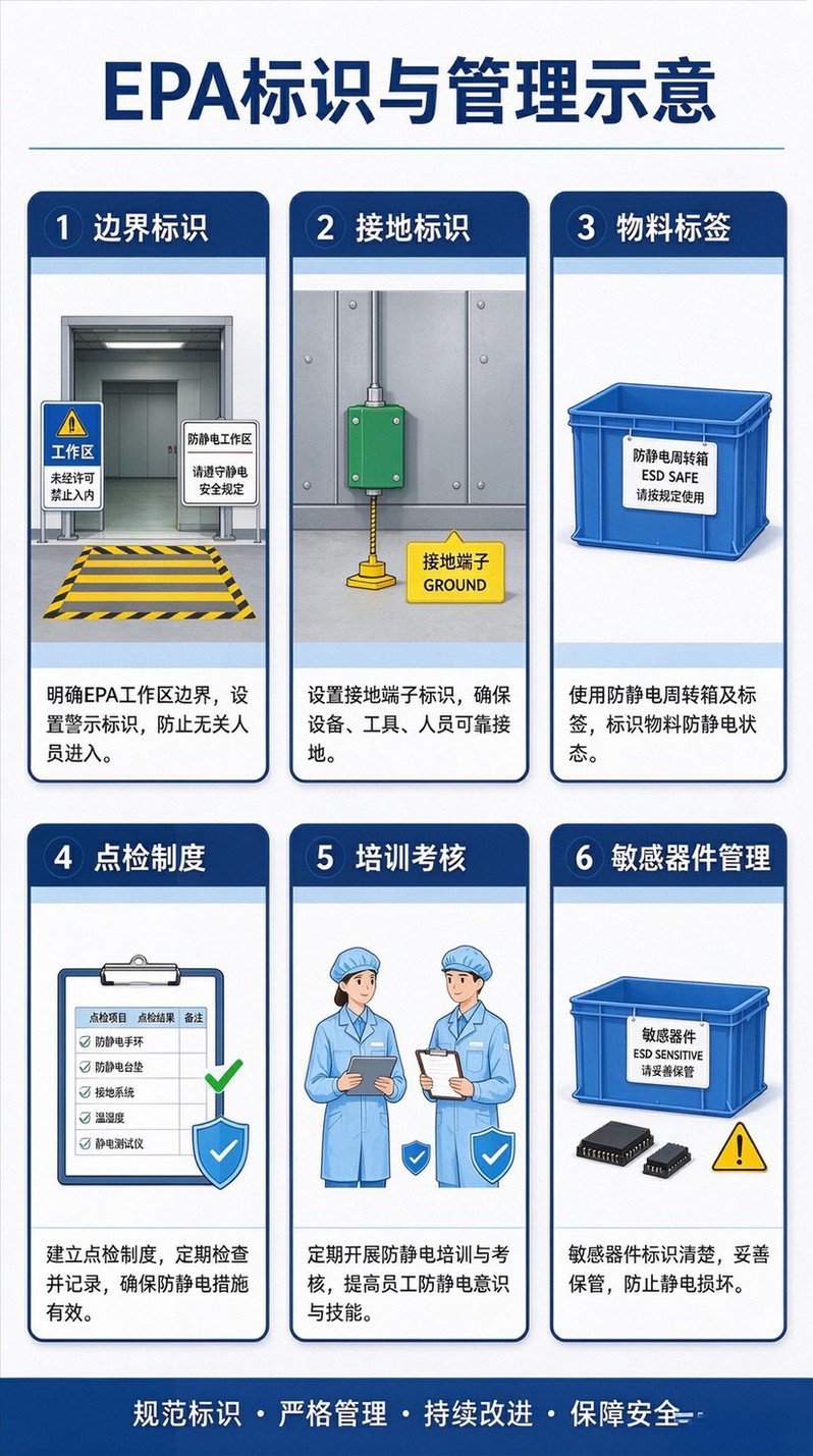 EPA防静电区域标识布置示意图，边界、接地端子、器材标识布置方案