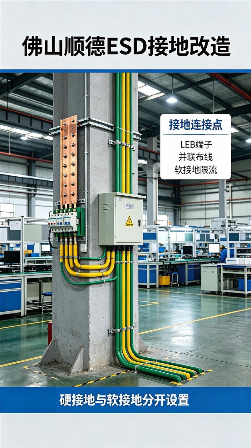 佛山顺德工厂ESD接地改造现场，接地汇流铜排、LEB等电位端子箱实景