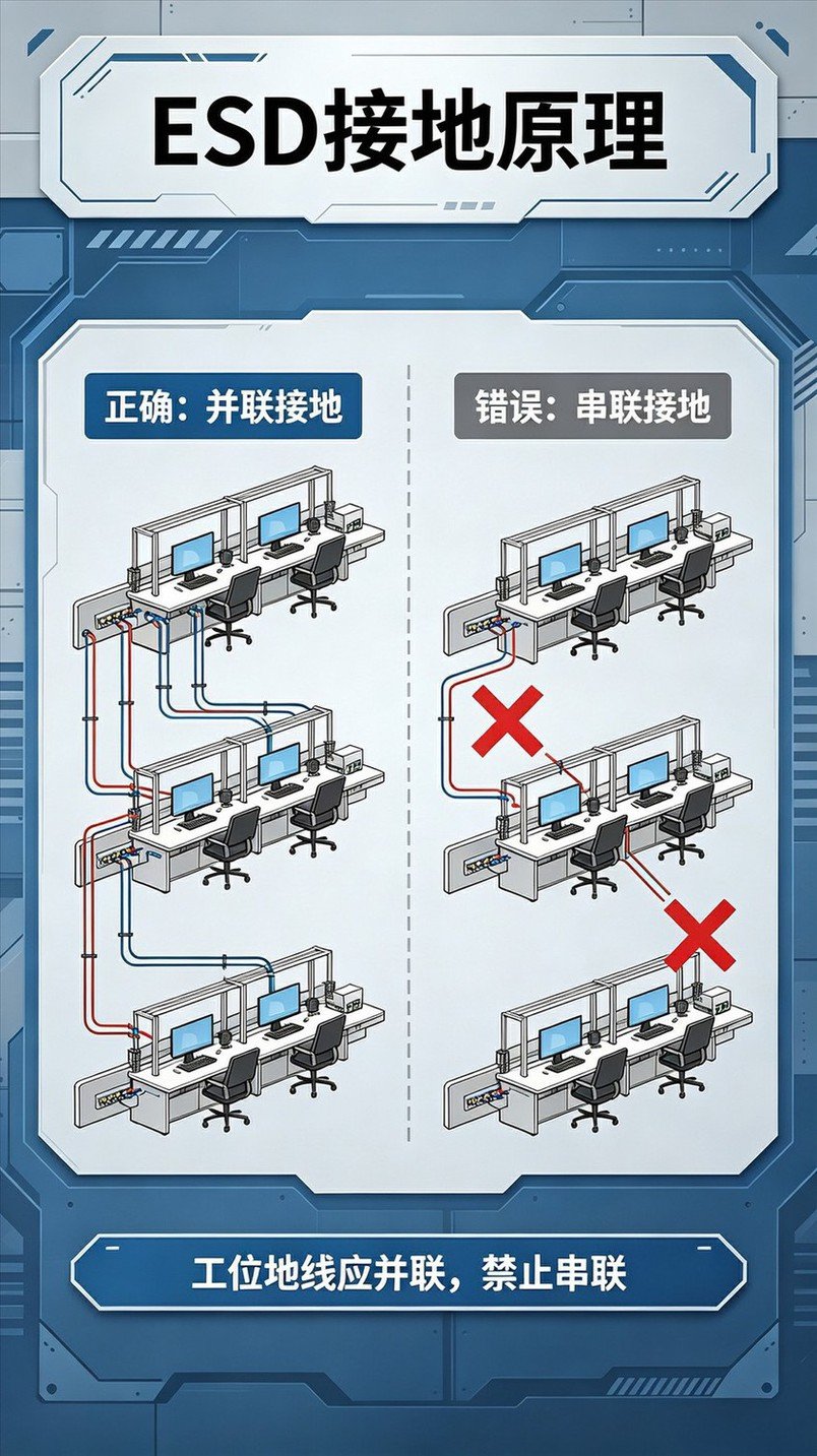 硬接地与软接地原理示意图，工位地线并联正确接法、串联错误接法对比图纸