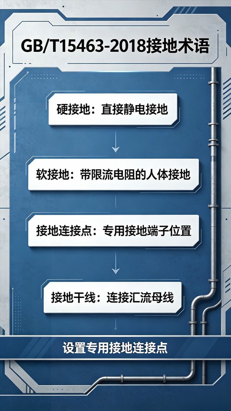GB/T15463‑2018接地相关术语摘录信息卡片，软接地硬接地接地连接点