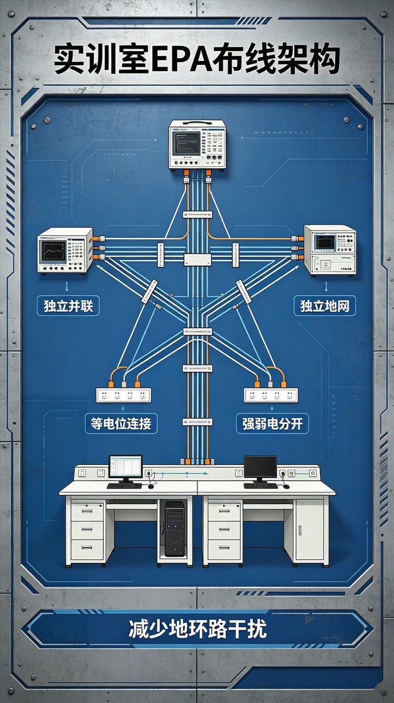 职业院校实训室EPA静电防护区布线架构示意图，星型单点接地拓扑，实训台并联接入汇流排