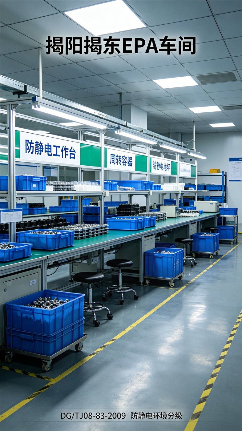 揭阳揭东小家电组装EPA车间实景，防静电工作台与周转容器现场