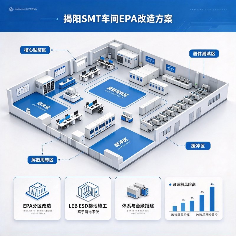 揭阳SMT贴片厂EPA改造方案示意图，展示EPA分区、LEB ESD接地、离子消电和体系台账四大模块