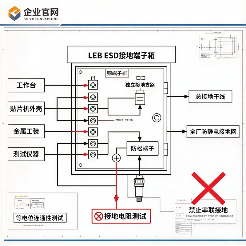 LEB ESD接地端子箱接线示意图，展示独立接地支路、HBM人体静电回路、MM金属放电抑制原理