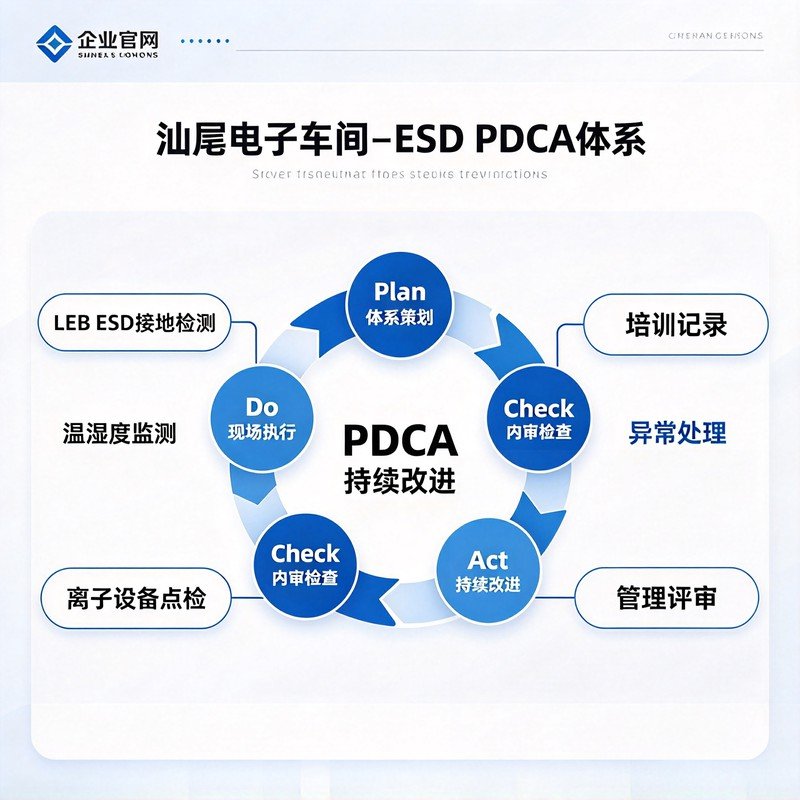汕尾电子车间ESD PDCA体系示意图，展示内审、管理评审、LEB ESD接地检测和台账改进闭环