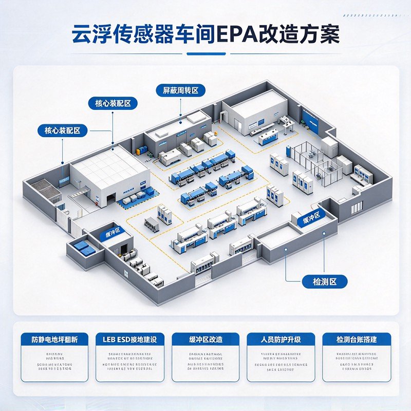 云浮传感器车间EPA改造整体方案示意图，地坪铜箔、LEB接地箱、缓冲区、人员防护体系一体化框图