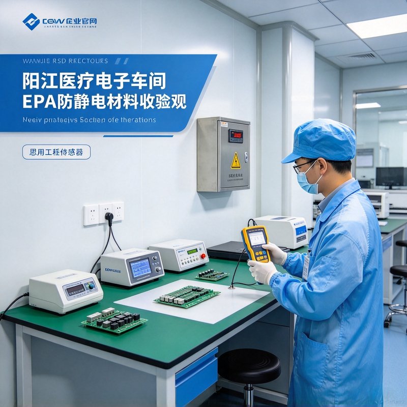 阳江医疗电子车间EPA防静电材料验收实景，工程师使用表面电阻测试仪检测防静电台面，配套LEB ESD接地端子箱