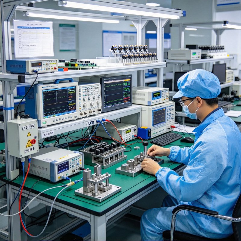 肇庆汽车传感器测试工位实景，展示测试仪器、金属夹具、LEB ESD接地端子箱和等电位连接线