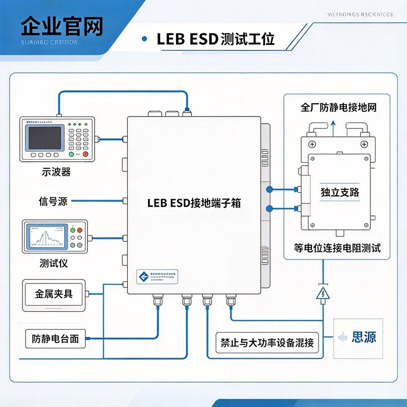 肇庆汽车传感器测试工位LEB ESD接地示意图，展示仪器、夹具、台面接入同一端子排及等电位测试关系