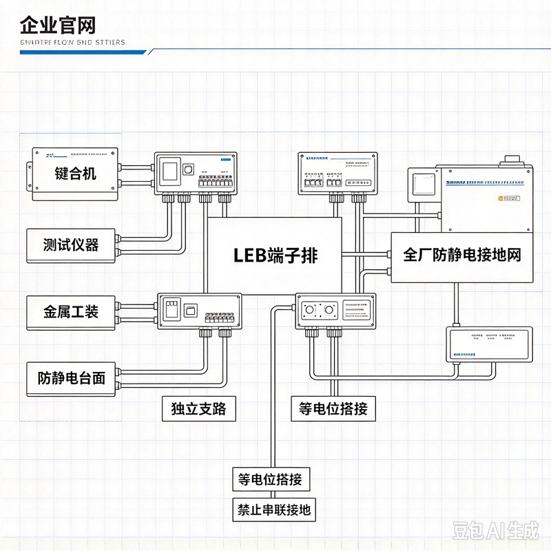 揭阳封装测试设备LEB端子排布线示意图，展示独立支路、等电位搭接、端子编号和检测关系