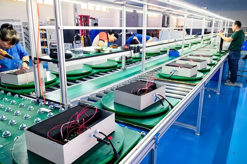 河源储能PACK车间防静电改造完工实景，LEB ESD端子箱、储能模组装配工位、EPA分区标识、模组测试工装
