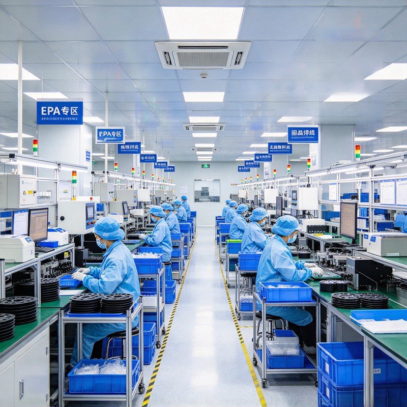 韶关 LED 封装车间 ESD 改造完工全景，洁净 EPA 产线、LEBESD 端子箱、防静电物料收纳