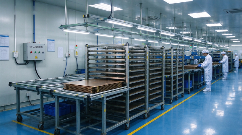 佛山覆铜板PCB车间EPA防静电工作区实景，覆铜板周转工位，防静电板架，ESD‑LEB接地端子箱，思源黑体标识分区边界