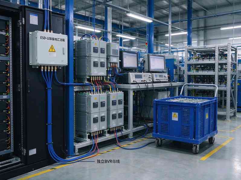 肇庆高新区储能车间改造后实景，PACK模组工位，ESD‑LEB接地汇流端子箱，防静电周转车，思源黑体标识
