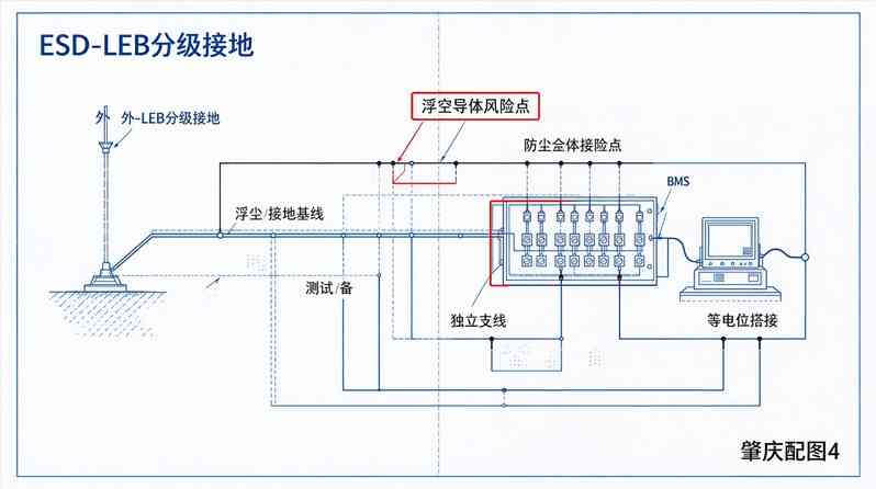 肇庆储能车间完整ESD‑LEB接地网络平面蓝图总图，标注一级高危EPA、缓冲区，地坪铜箔网格、汇流端子箱、设备接地点、浮空导体风险检查点位，思源黑体