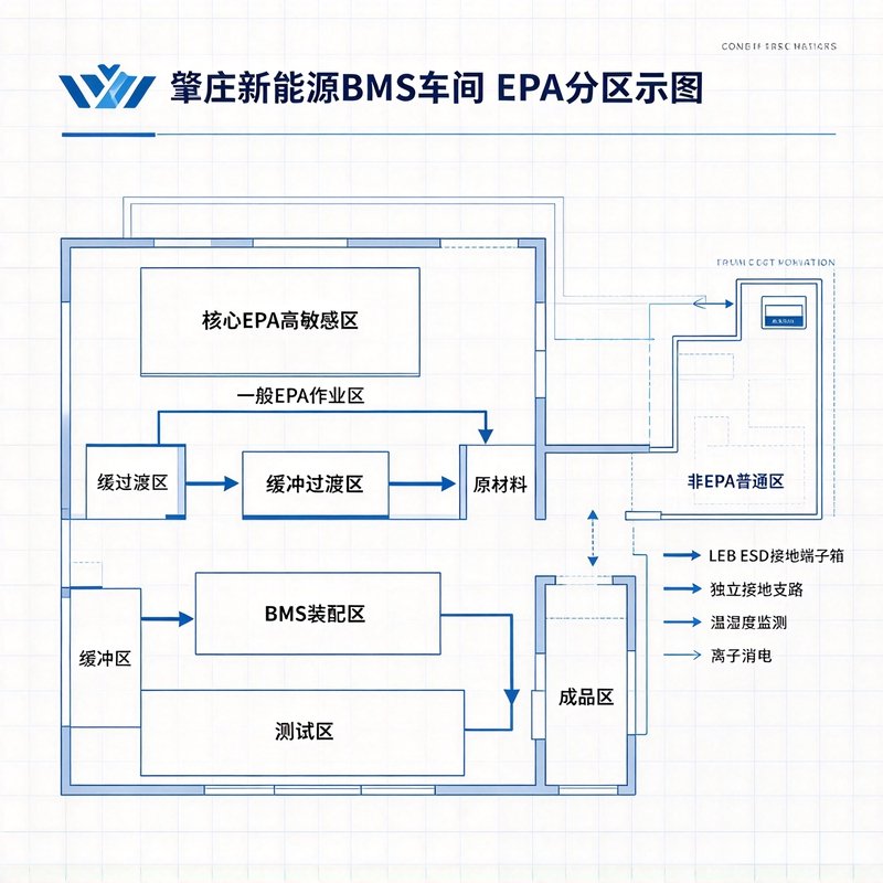 BMS 测试车间 EPA 分区与 LEBESD 接地总线蓝图示意图