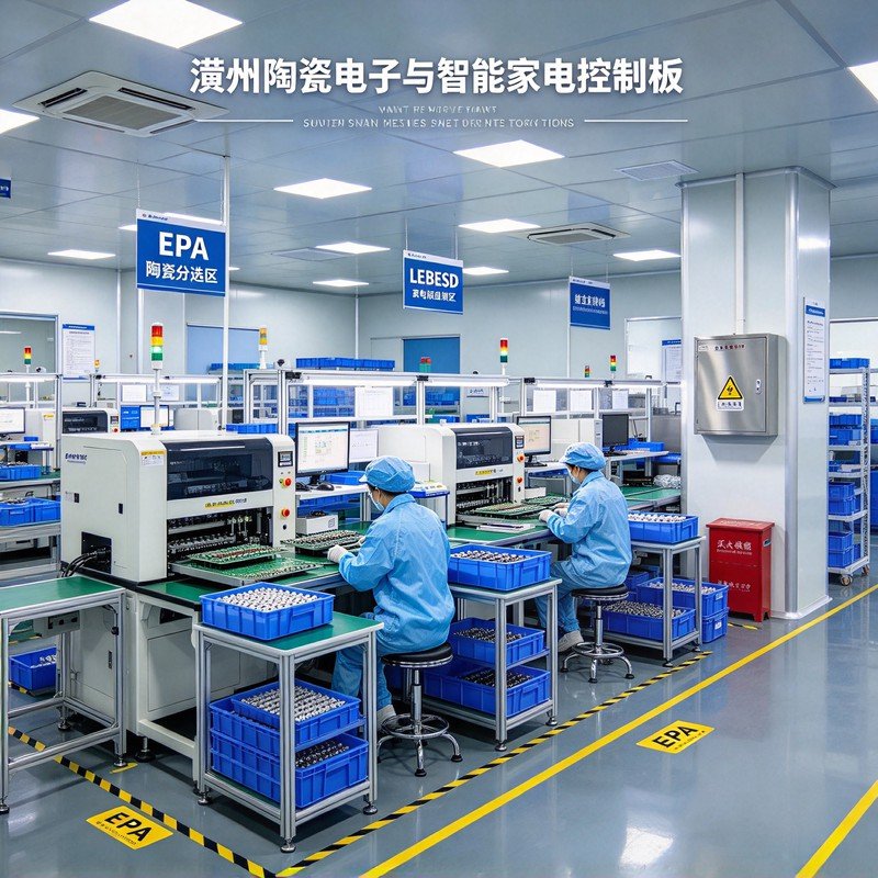 潮州陶瓷电子家电车间 EPA 工位实景，陶瓷元件分选设备、家电板贴片产线、防静电警示标识、LEBESD 接地端子箱