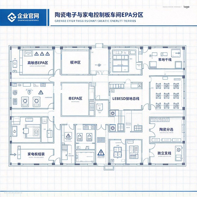 陶瓷电子车间 EPA 分区与 LEBESD 接地总线蓝图示意图