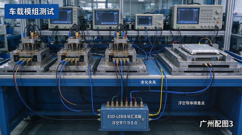 广州车载通信模组集中功能测试工位实景，多组老化探针夹具，独立支线接入ESD‑LEB接地汇流端子箱，思源黑体标注浮空导体排查点位