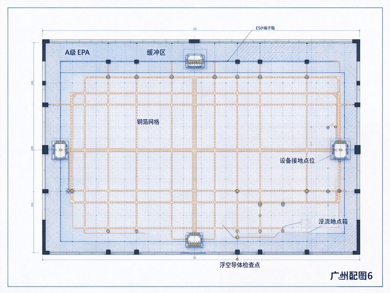 广州南沙车规车间完整ESD‑LEB星形接地网络平面蓝图总图，标注A级EPA、缓冲区、洁净地坪铜箔网格、汇流端子箱、浮空导体专项检查点位，思源黑体