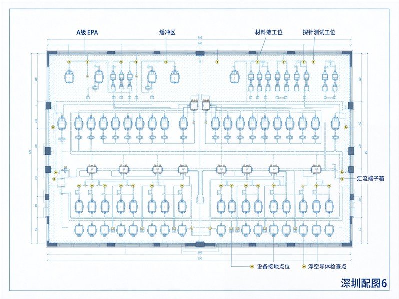 深圳坪山半导体车间完整ESD‑LEB星形接地网络平面总图，A级EPA、缓冲区、探针测试工位、浮空导体检查点位，思源黑体