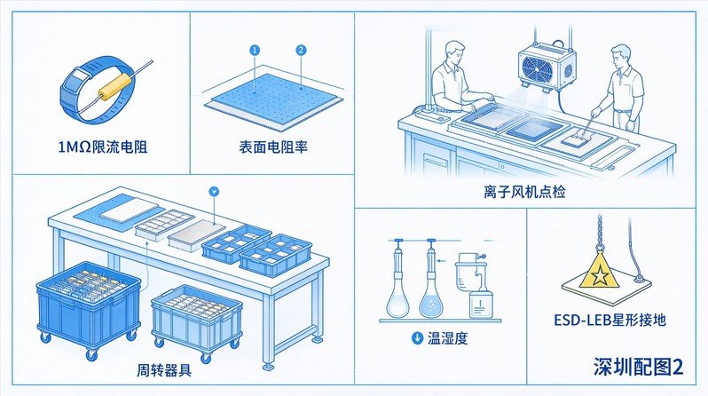 半导体封装EPA全要素管控蓝图示意图，人员手环1MΩ限流、工装接地、周转器具、离子风机点检表、温湿度管控，思源黑体标注关键参数