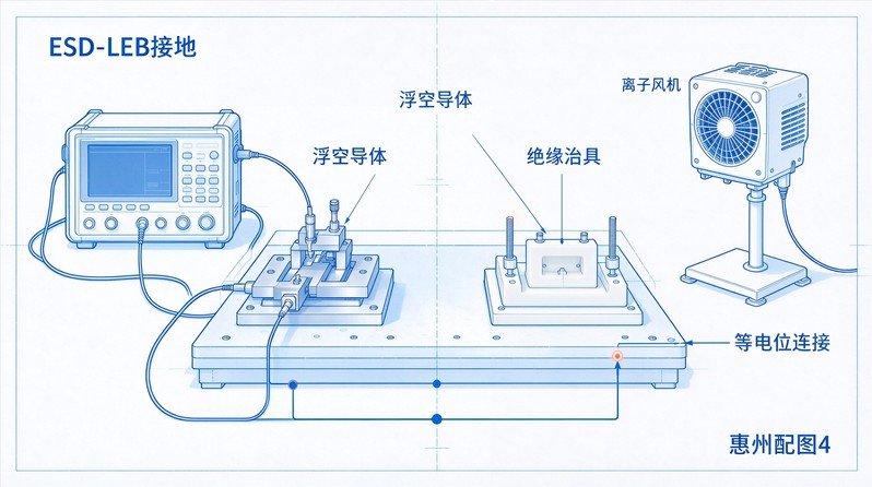 汽车电子测试工位ESD-LEB接地与绝缘治具CDM风险示意图，标注浮空导体、绝缘治具、离子风机、等电位连接
