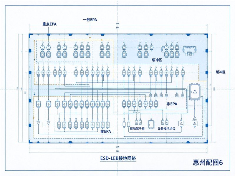 惠州仲恺PCBA及汽车电子车间EPA分区与ESD-LEB接地网络总图，显示重点EPA、一般EPA、缓冲区、非EPA、接地端子箱和接地点位