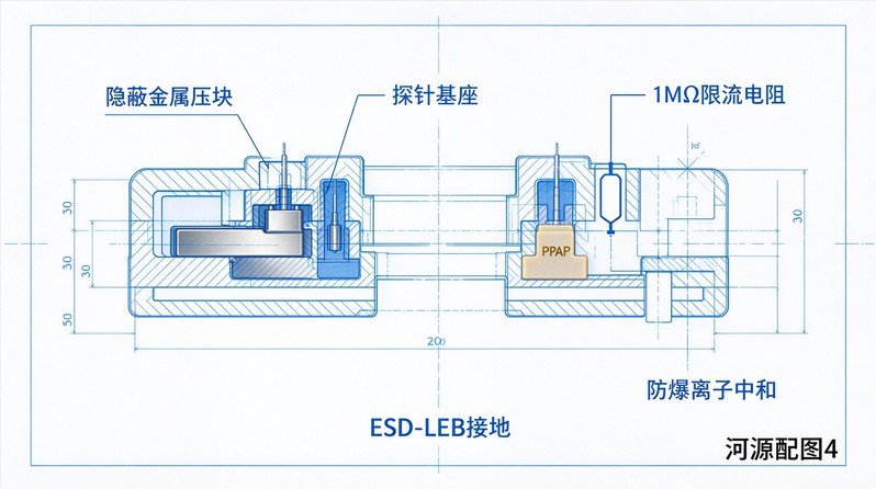 化成分容夹具ESD‑LEB接地蓝图示意图，标注内部隐蔽浮空金属压块探针基座、1MΩ限流电阻、防爆环境离子中和点位，思源黑体