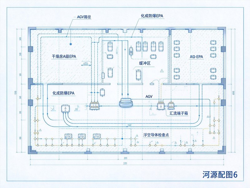 河源高新区锂电车间完整ESD‑LEB接地网络平面总图，标注干燥房A级EPA、化成防爆EPA、缓冲区、AGV行走路径、浮空夹具专项检查点位，思源黑体