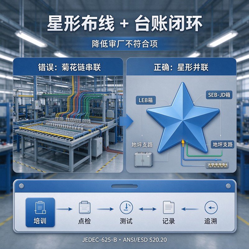 MEB‑LEB‑SEB‑JD三级接地星形布线拓扑图，禁止菊花链串联