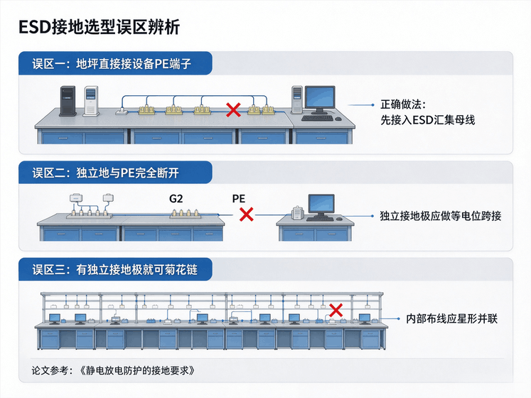 ESD接地错误施工示意，防静电地坪直接接设备PE端子风险