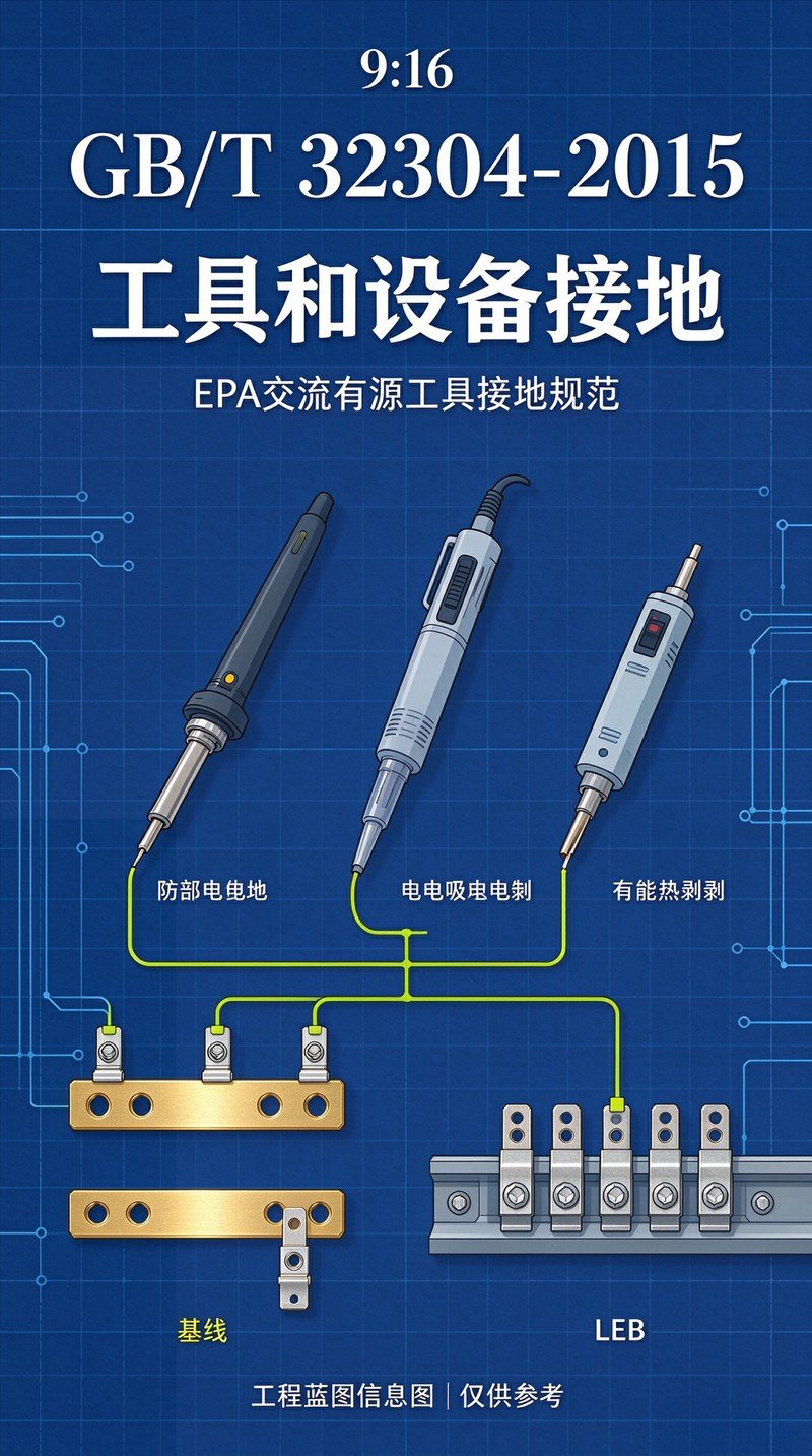 GB/T32304 工具接地，防静电电烙铁吸锡器与 LEB 汇流排，黄绿色地线