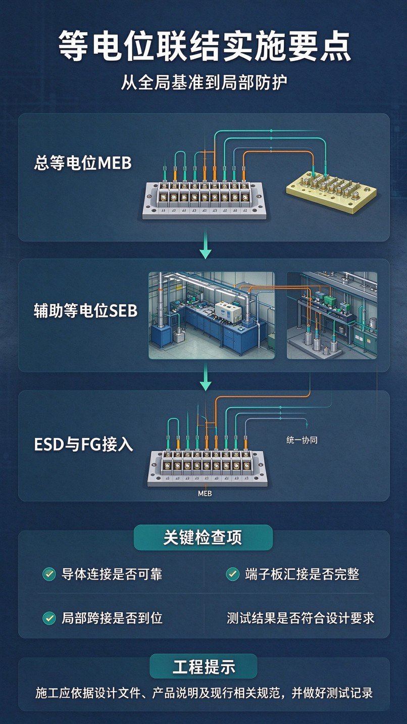 ESD 功能 FG 接地接入 MEB 总等电位的接地拓扑图